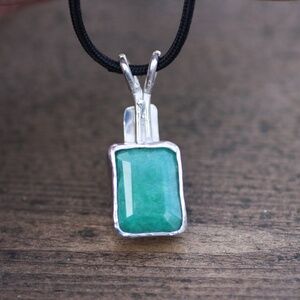 Natural Emerald Pendant in Solid Sterling Silver Black Cord ,  20th Anniversary